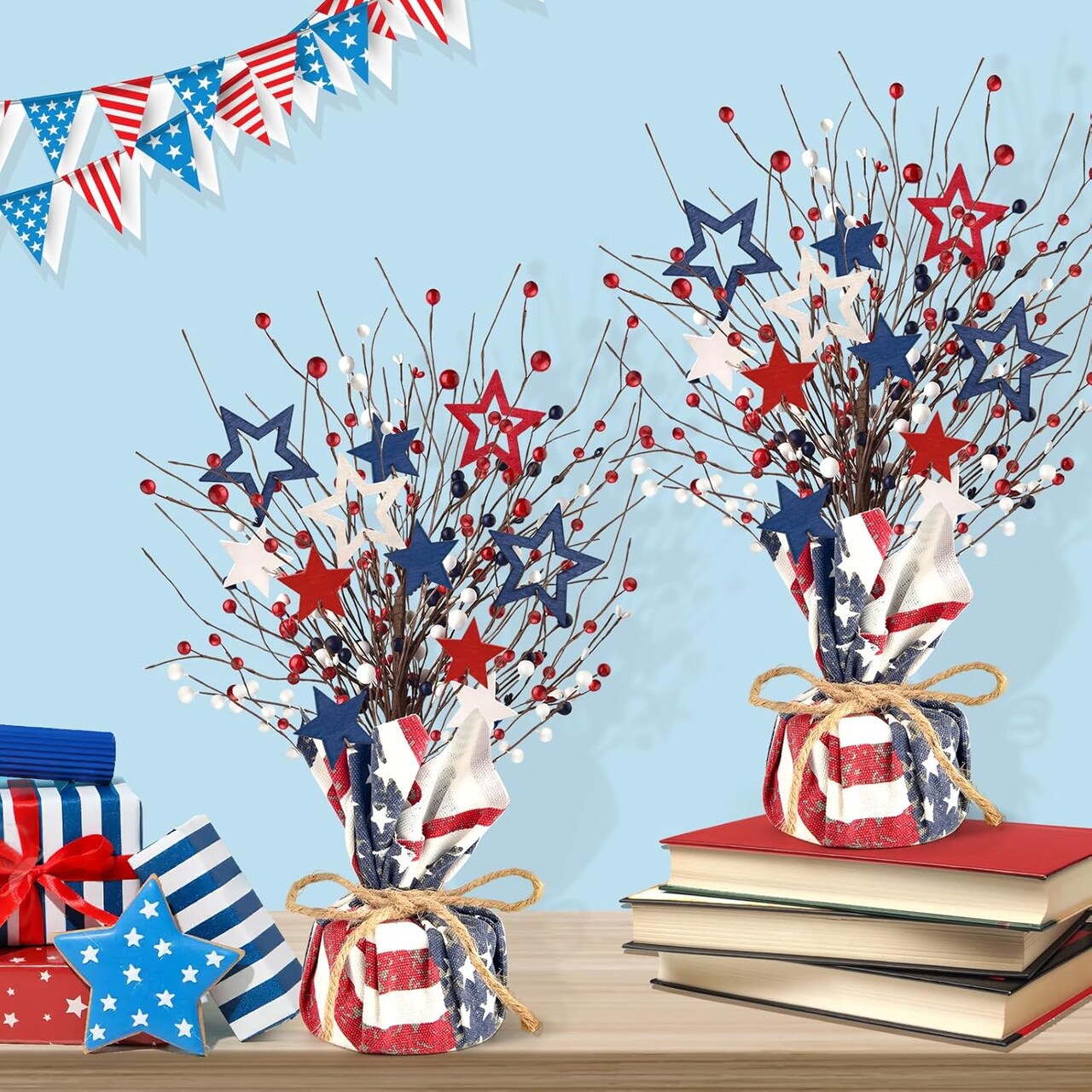 2 Packs 4th of July Artificial Tree Berry Stem Picks Wooden Star Tabletop Decor